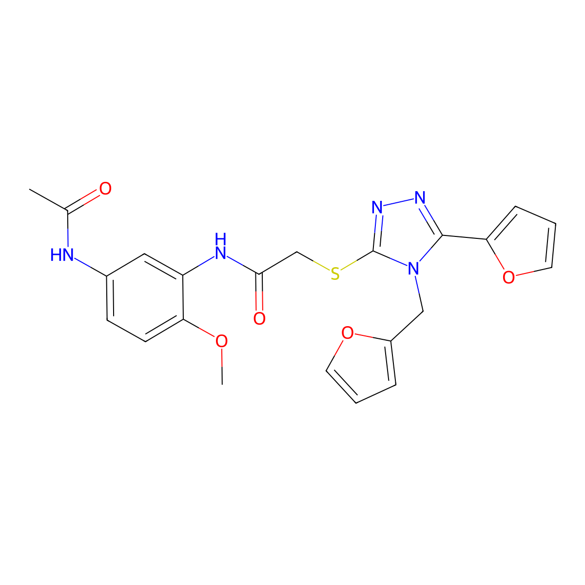 N-[5-(acetylamino)-2-methoxyphenyl]-2-[5-(2-furyl)-4-(2-furylmethyl)(1,2,4-tri azol-3-ylthio)]acetamide molecular structure, CAS 578700-38-6
