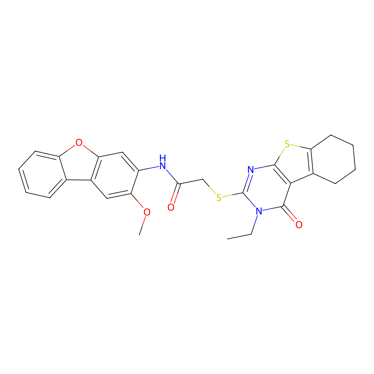 2-[(3-Ethyl-4-oxo-3,4,5,6,7,8-hexahydro[1]benzothieno[2,3-D]pyrimidin-2-YL)sulfanyl]-N-(2-methoxydibenzo[B,D]furan-3-YL)acetamide molecular structure, CAS 578701-26-5