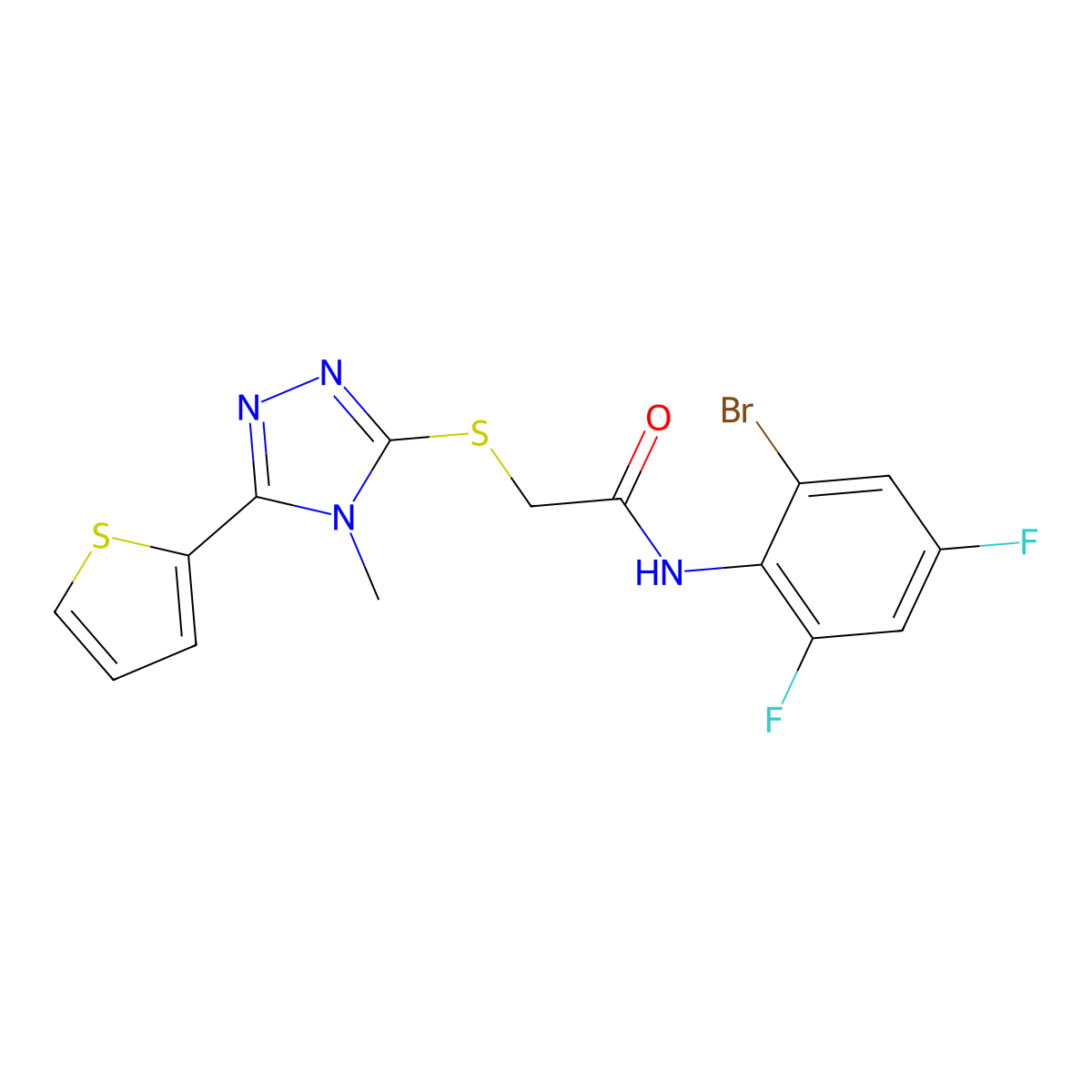 N-(2-bromo-4,6-difluorophenyl)-2-{[4-methyl-5-(thiophen-2-yl)-4H-1,2,4-triazol-3-yl]sulfanyl}acetamide molecular structure, CAS 578718-69-1