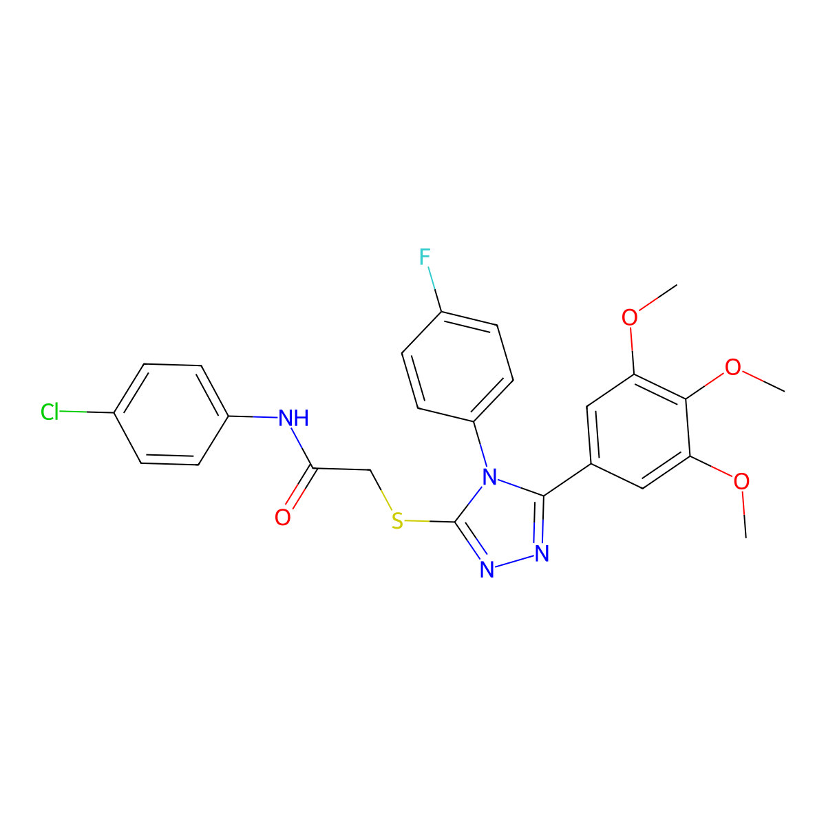 N-(4-chlorophenyl)-2-{[4-(4-fluorophenyl)-5-(3,4,5-trimethoxyphenyl)-4H-1,2,4-triazol-3-yl]sulfanyl}acetamide molecular structure, CAS 578718-73-7