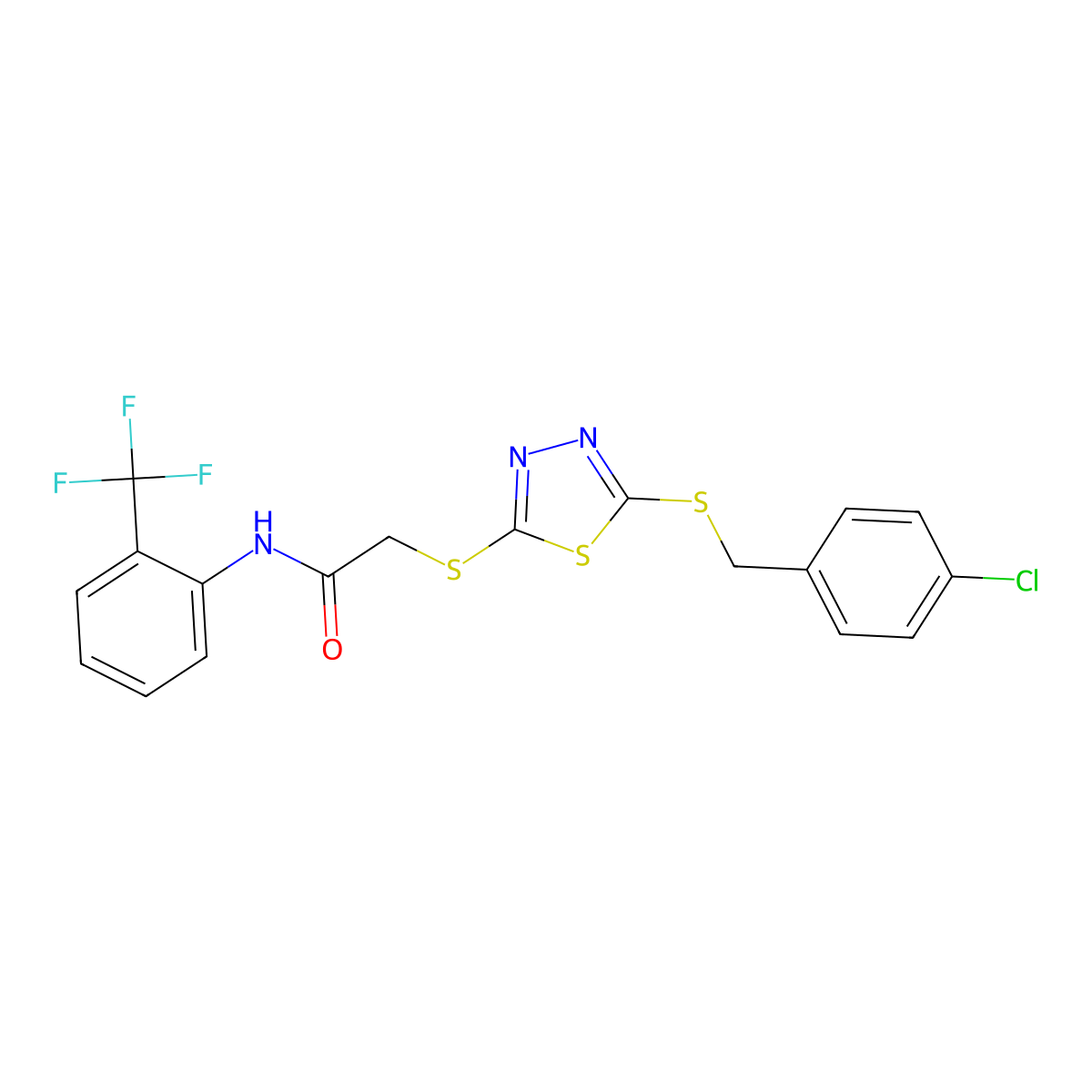 2-((5-((4-Chlorobenzyl)sulfanyl)-1,3,4-thiadiazol-2-YL)sulfanyl)-N-(2-(trifluoromethyl)phenyl)acetamide molecular structure, CAS 578718-77-1