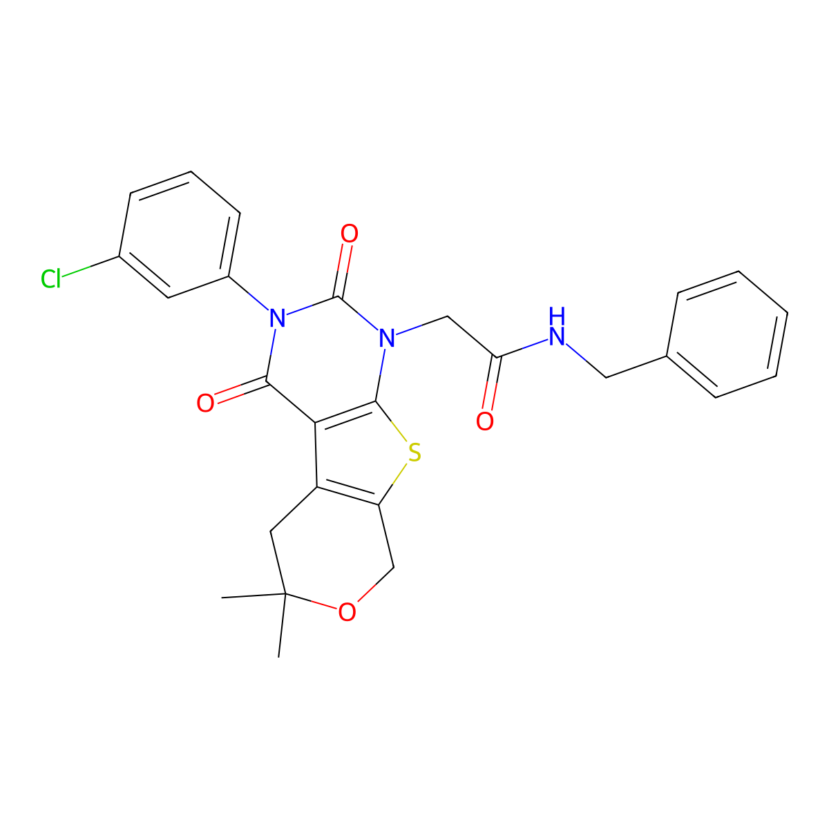 N-benzyl-2-[3-(3-chlorophenyl)-6,6-dimethyl-2,4-dioxo-5,8-dihydropyrano[2,3]thieno[2,4-b]pyrimidin-1-yl]acetamide molecular structure, CAS 578718-98-6