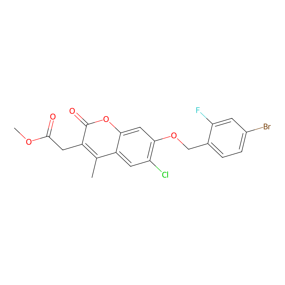 methyl {7-[(4-bromo-2-fluorobenzyl)oxy]-6-chloro-4-methyl-2-oxo-2H-chromen-3-yl}acetate molecular structure, CAS 578719-22-9