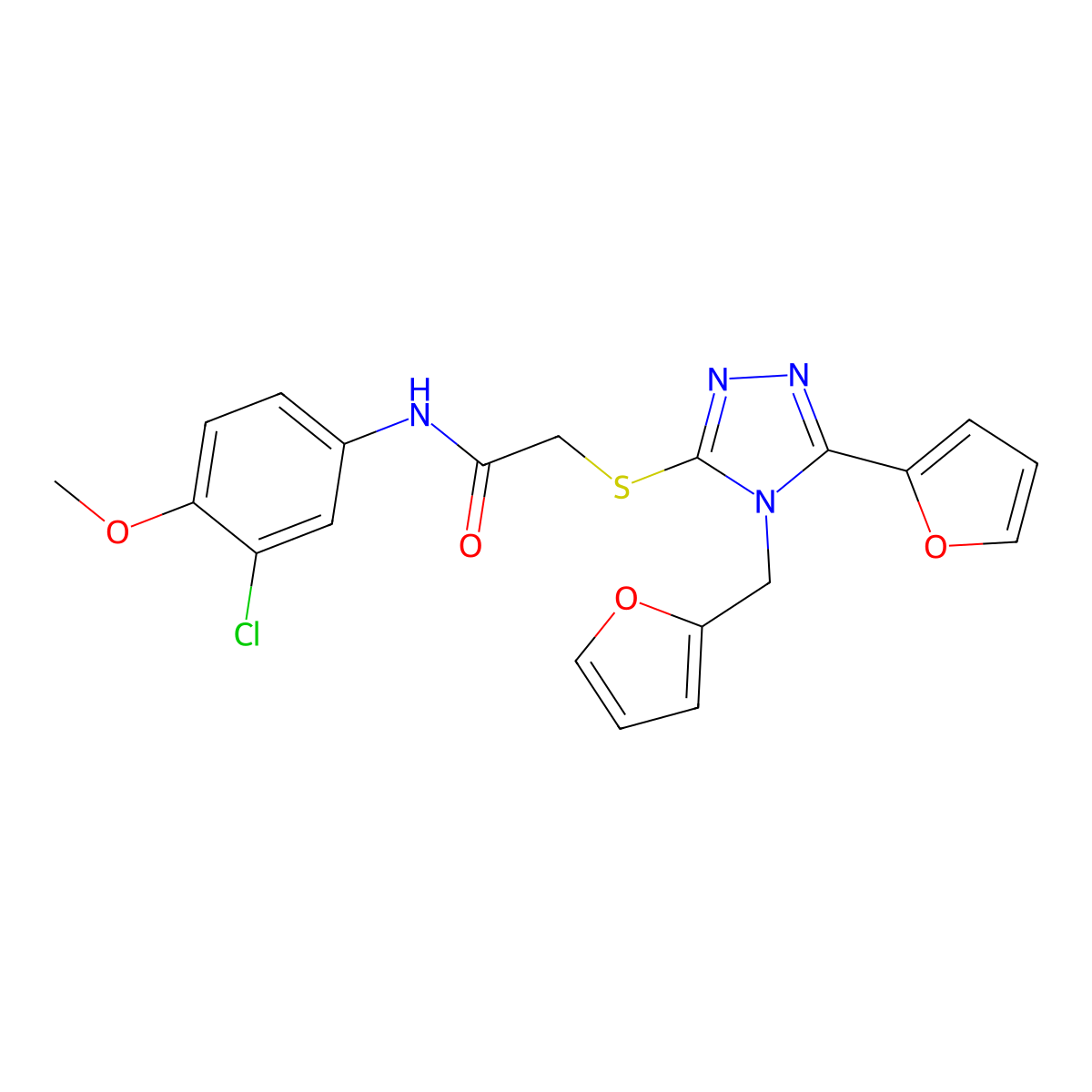 N-(3-chloro-4-methoxyphenyl)-2-{[5-(furan-2-yl)-4-(furan-2-ylmethyl)-4H-1,2,4-triazol-3-yl]sulfanyl}acetamide molecular structure, CAS 578722-08-4