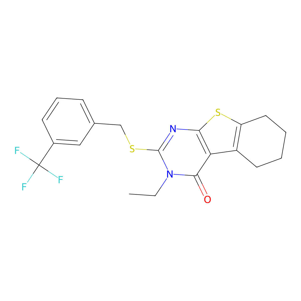 3-Ethyl-2-{[3-(trifluoromethyl)benzyl]sulfanyl}-5,6,7,8-tetrahydro[1]benzothieno[2,3-D]pyrimidin-4(3H)-one molecular structure, CAS 578722-36-8