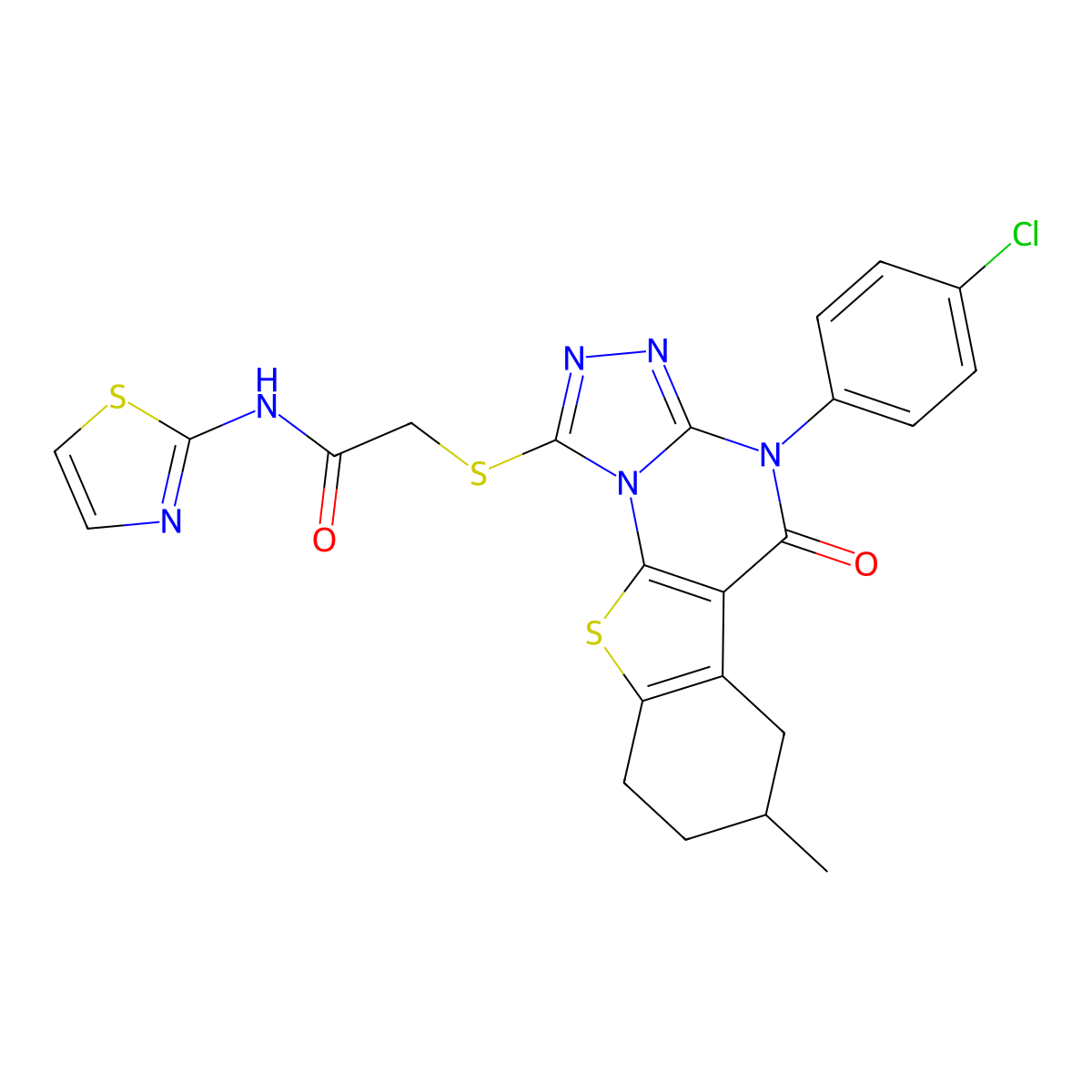 2-((4-(4-chlorophenyl)-7-methyl-5-oxo-4,5,6,7,8,9-hexahydrobenzo[4,5]thieno[3,2-e][1,2,4]triazolo[4,3-a]pyrimidin-1-yl)thio)-N-(thiazol-2-yl)acetamide molecular structure, CAS 578723-45-2
