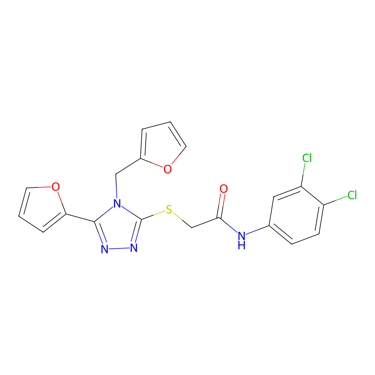 N-(3,4-dichlorophenyl)-2-{[5-(furan-2-yl)-4-(furan-2-ylmethyl)-4H-1,2,4-triazol-3-yl]sulfanyl}acetamide molecular structure, CAS 578723-49-6
