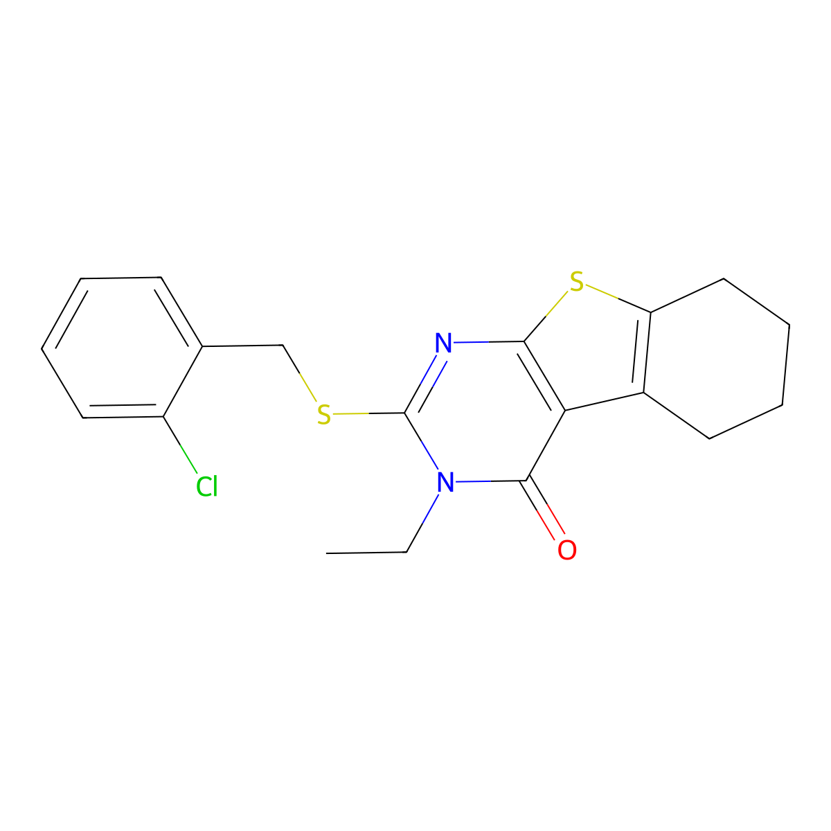 2-((2-Chlorobenzyl)sulfanyl)-3-ethyl-5,6,7,8-tetrahydro(1)benzothieno(2,3-D)pyrimidin-4(3H)-one molecular structure, CAS 578723-52-1