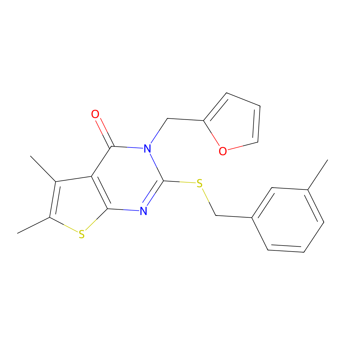 3-(2-Furanylmethyl)-5,6-dimethyl-2-[(3-methylphenyl)methylthio]-4-thieno[2,3-d]pyrimidinone molecular structure, CAS 578732-30-6