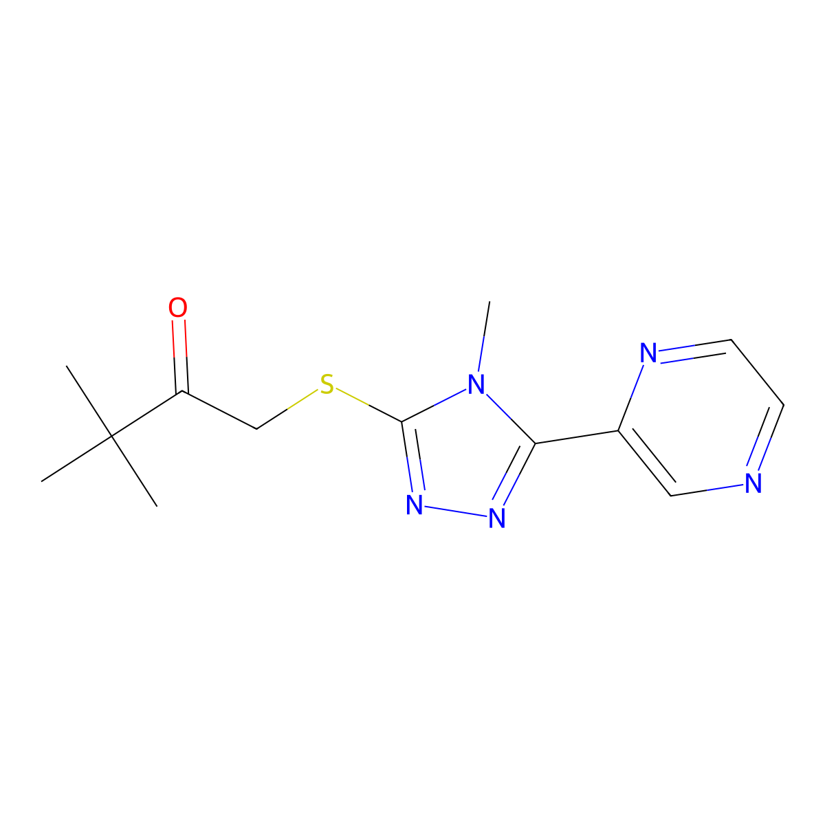 3,3-dimethyl-1-{[4-methyl-5-(pyrazin-2-yl)-4H-1,2,4-triazol-3-yl]sulfanyl}butan-2-one molecular structure, CAS 578732-67-9