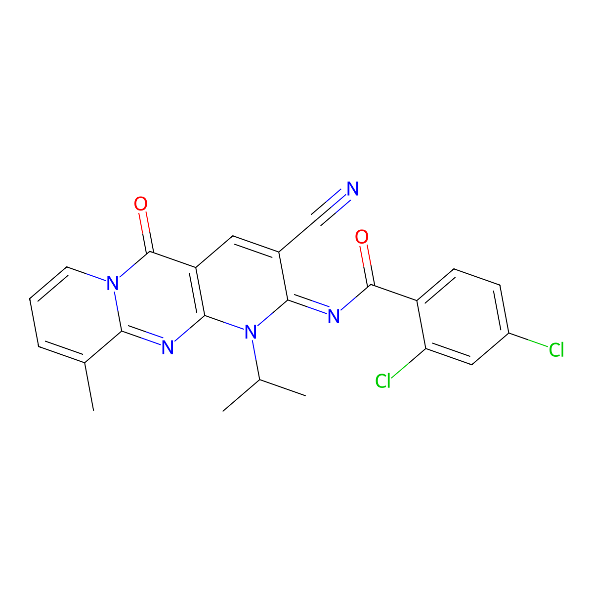 2,4-dichloro-N-(3-cyano-1-isopropyl-10-methyl-5-oxo-1,5-dihydro-2H-dipyrido[1,2-a:2,3-d]pyrimidin-2-ylidene)benzamide molecular structure, CAS 578732-74-8