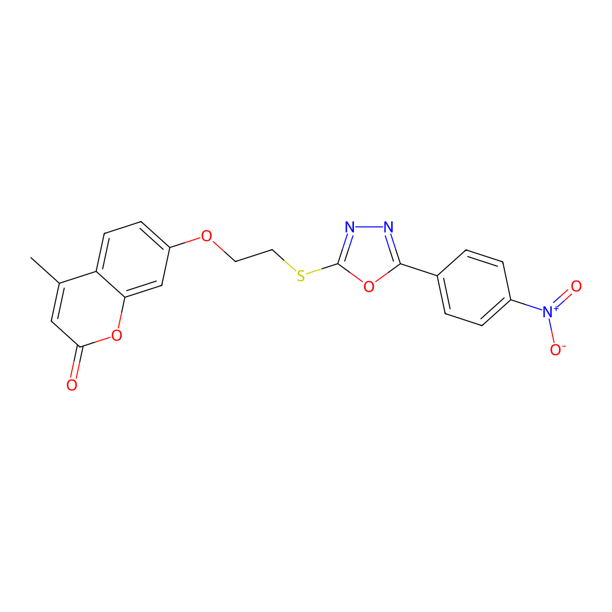 4-Methyl-7-[2-[[5-(4-nitrophenyl)-1,3,4-oxadiazol-2-yl]sulfanyl]ethoxy]chromen-2-one molecular structure, CAS 578733-27-4