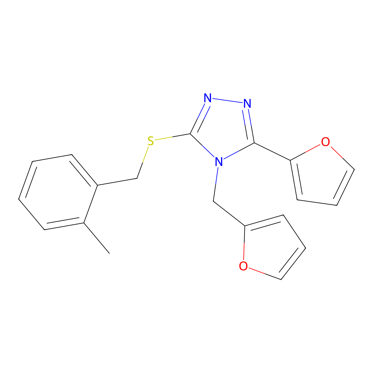 5-(2-Furyl)-4-(2-furylmethyl)-3-[(2-methylphenyl)methylthio]-1,2,4-triazole molecular structure, CAS 578733-29-6