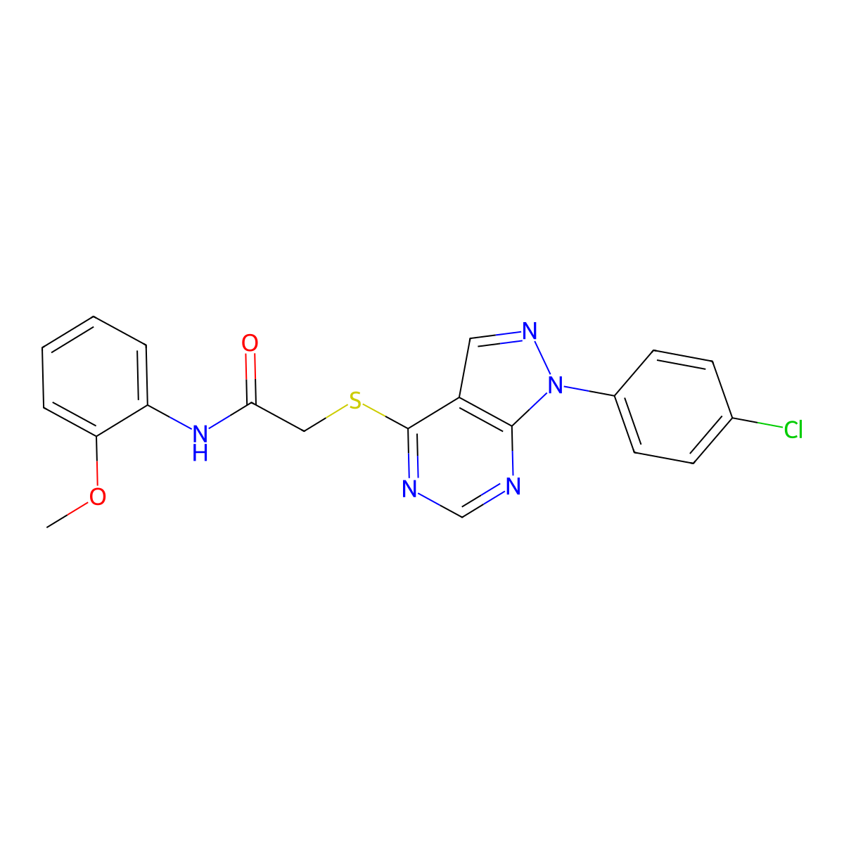 2-((1-(4-chlorophenyl)-1H-pyrazolo[3,4-d]pyrimidin-4-yl)thio)-N-(2-methoxyphenyl)acetamide molecular structure, CAS 578733-80-9