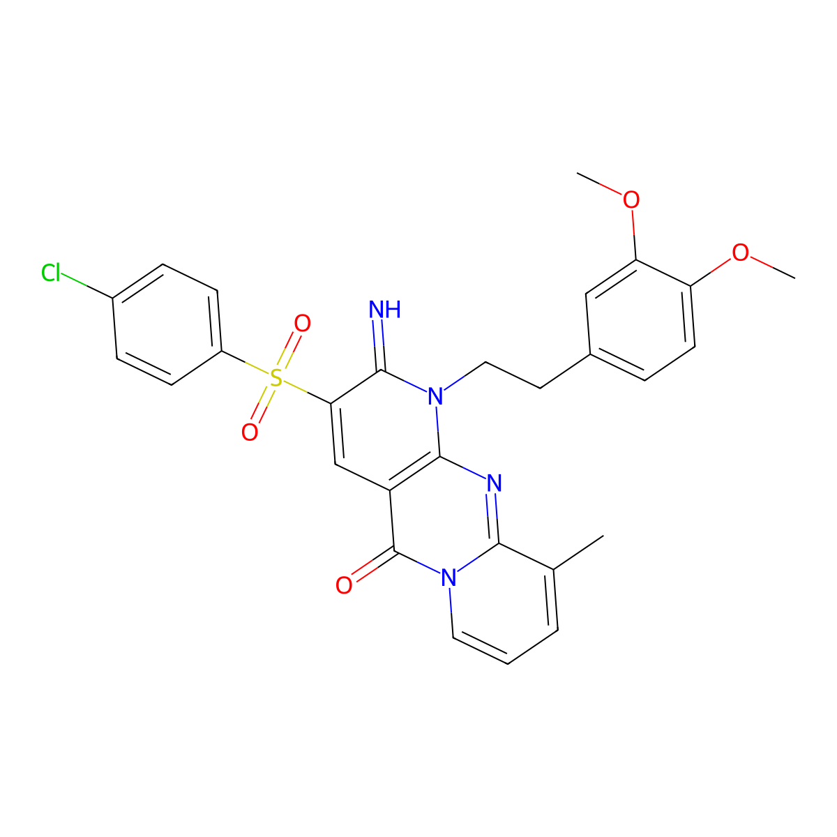 5H-Dipyrido[1,2-a:2',3'-d]pyrimidin-5-one, 3-[(4-chlorophenyl)sulfonyl]-1-[2-(3,4-dimethoxyphenyl)ethyl]-1,2-dihydro-2-imino-10-methyl- molecular structure, CAS 578733-98-9