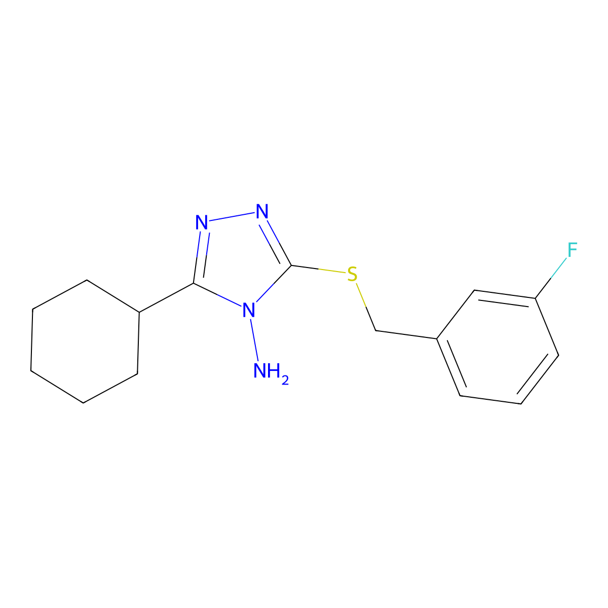5-Cyclohexyl-3-[(3-fluorophenyl)methylthio]-1,2,4-triazole-4-ylamine molecular structure, CAS 578734-35-7