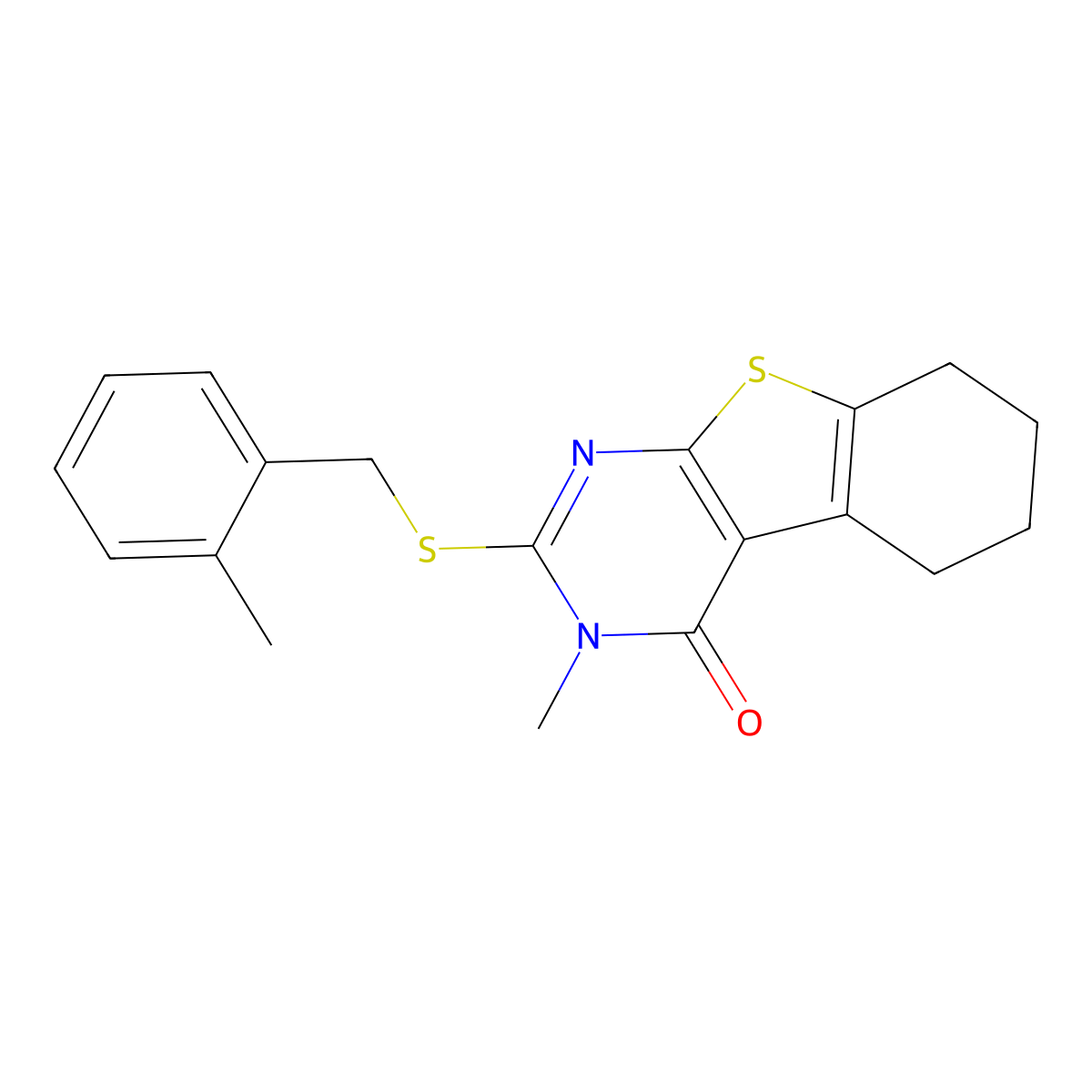 3-methyl-2-[(2-methylbenzyl)sulfanyl]-5,6,7,8-tetrahydro[1]benzothieno[2,3-d]pyrimidin-4(3H)-one molecular structure, CAS 578734-99-3