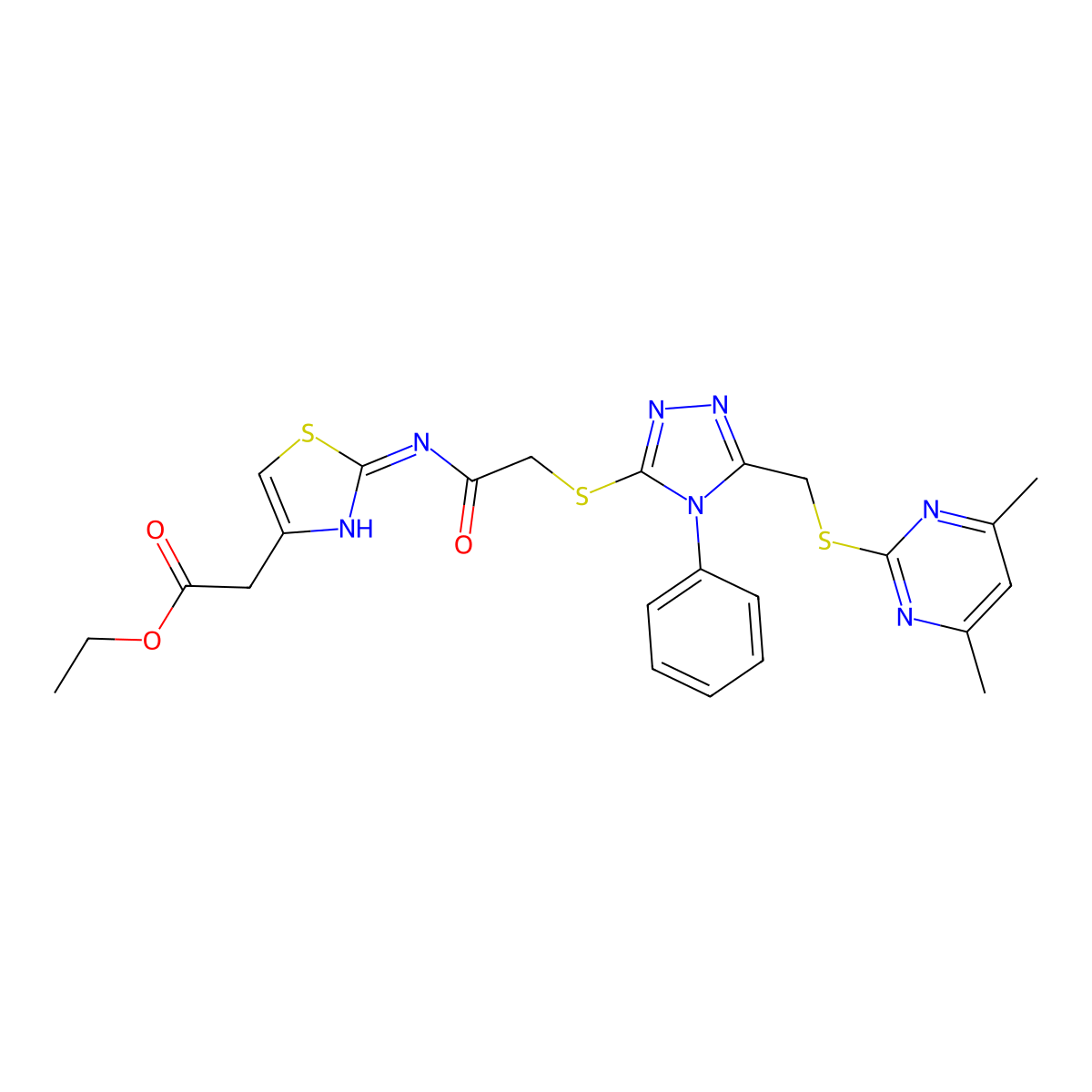 ethyl 2-(2-(2-((5-(((4,6-dimethylpyrimidin-2-yl)thio)methyl)-4-phenyl-4H-1,2,4-triazol-3-yl)thio)acetamido)thiazol-4-yl)acetate molecular structure, CAS 578735-04-3