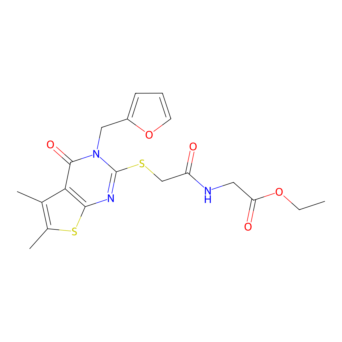 Ethyl 2-{2-[3-(2-furylmethyl)-5,6-dimethyl-4-oxo-3-hydrothiopheno[2,3-d]pyrimi din-2-ylthio]acetylamino}acetate molecular structure, CAS 578736-56-8