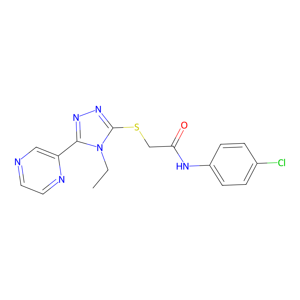 N-(4-CL-PH)-2-((4-Ethyl-5-(2-pyrazinyl)-4H-1,2,4-triazol-3-YL)thio)acetamide molecular structure, CAS 578736-90-0