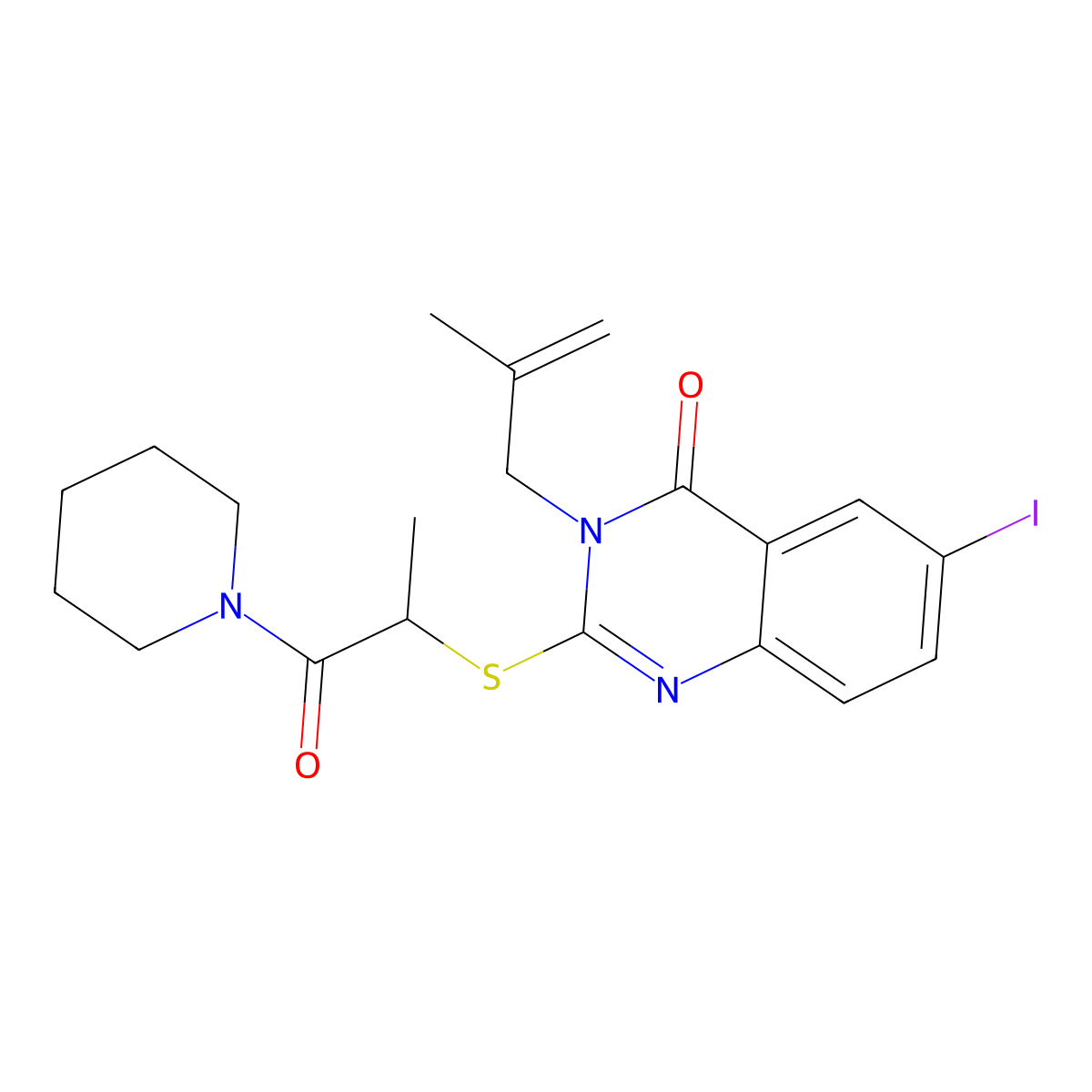 6-Iodo-3-(2-methylprop-2-enyl)-2-(1-oxo-1-piperidin-1-ylpropan-2-yl)sulfanylquinazolin-4-one molecular structure, CAS 578737-11-8