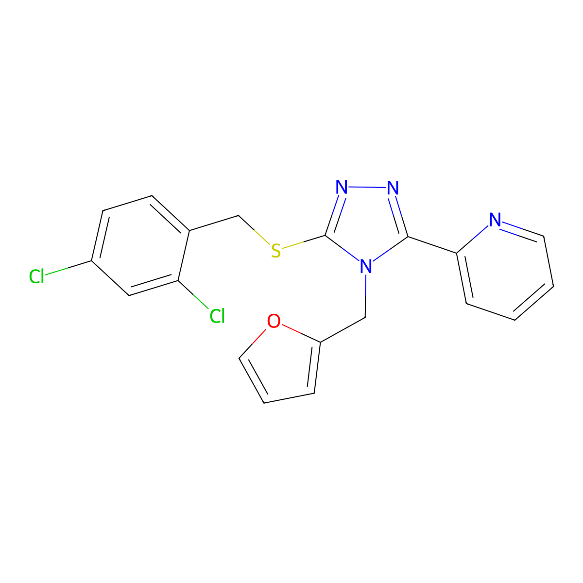 2-[5-[(2,4-Dichlorophenyl)methylthio]-4-(2-furanylmethyl)-1,2,4-triazol-3-yl]pyridine molecular structure, CAS 578743-36-9