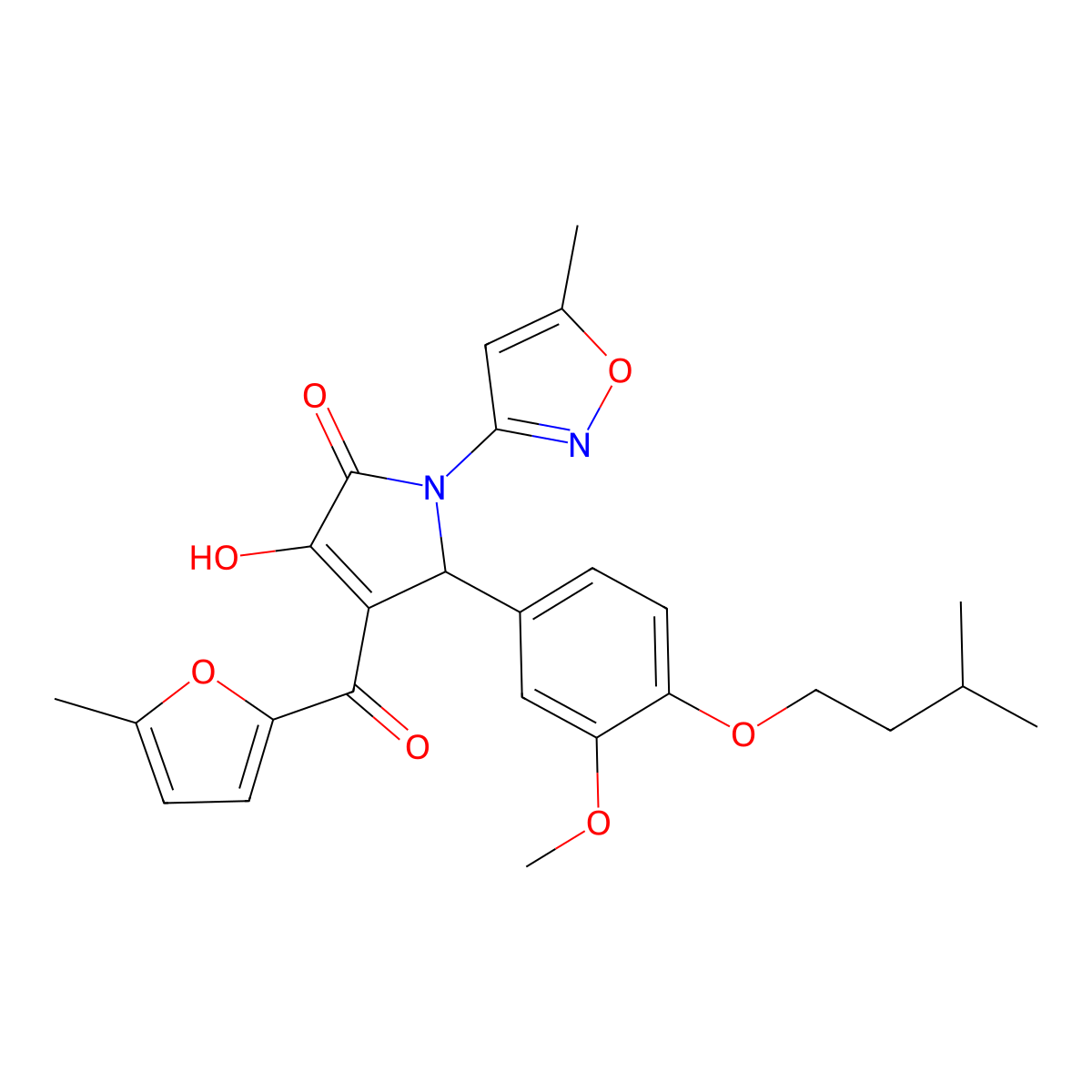 (4E)-4-[hydroxy(5-methylfuran-2-yl)methylidene]-5-[3-methoxy-4-(3-methylbutoxy)phenyl]-1-(5-methyl-1,2-oxazol-3-yl)pyrrolidine-2,3-dione molecular structure, CAS 578743-54-1
