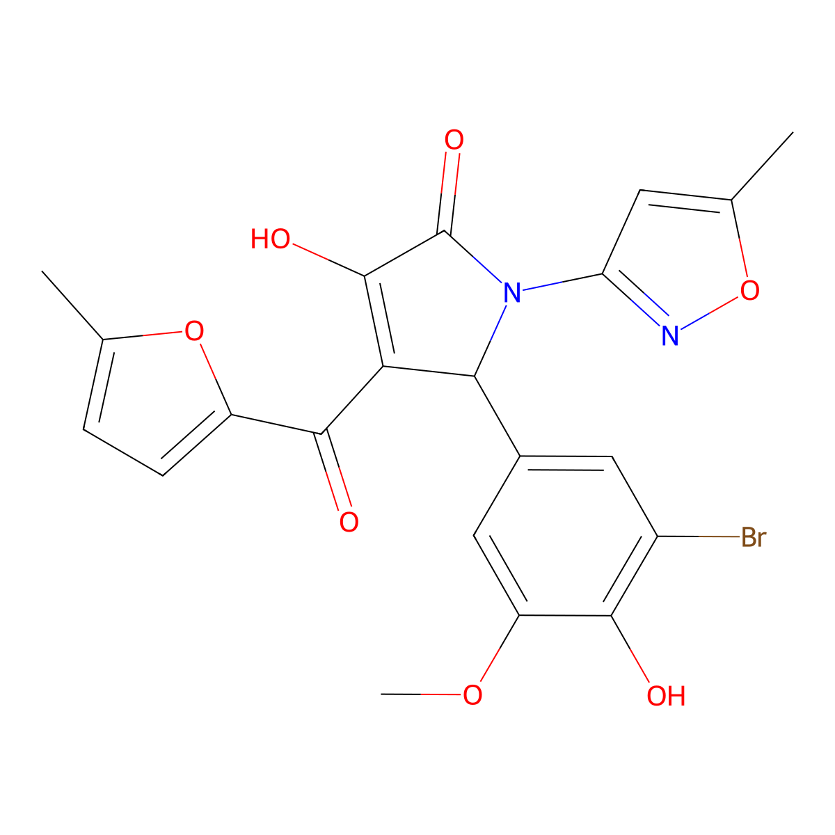 5-(3-bromo-4-hydroxy-5-methoxyphenyl)-3-hydroxy-4-[(5-methylfuran-2-yl)carbonyl]-1-(5-methyl-1,2-oxazol-3-yl)-1,5-dihydro-2H-pyrrol-2-one molecular structure, CAS 578743-78-9