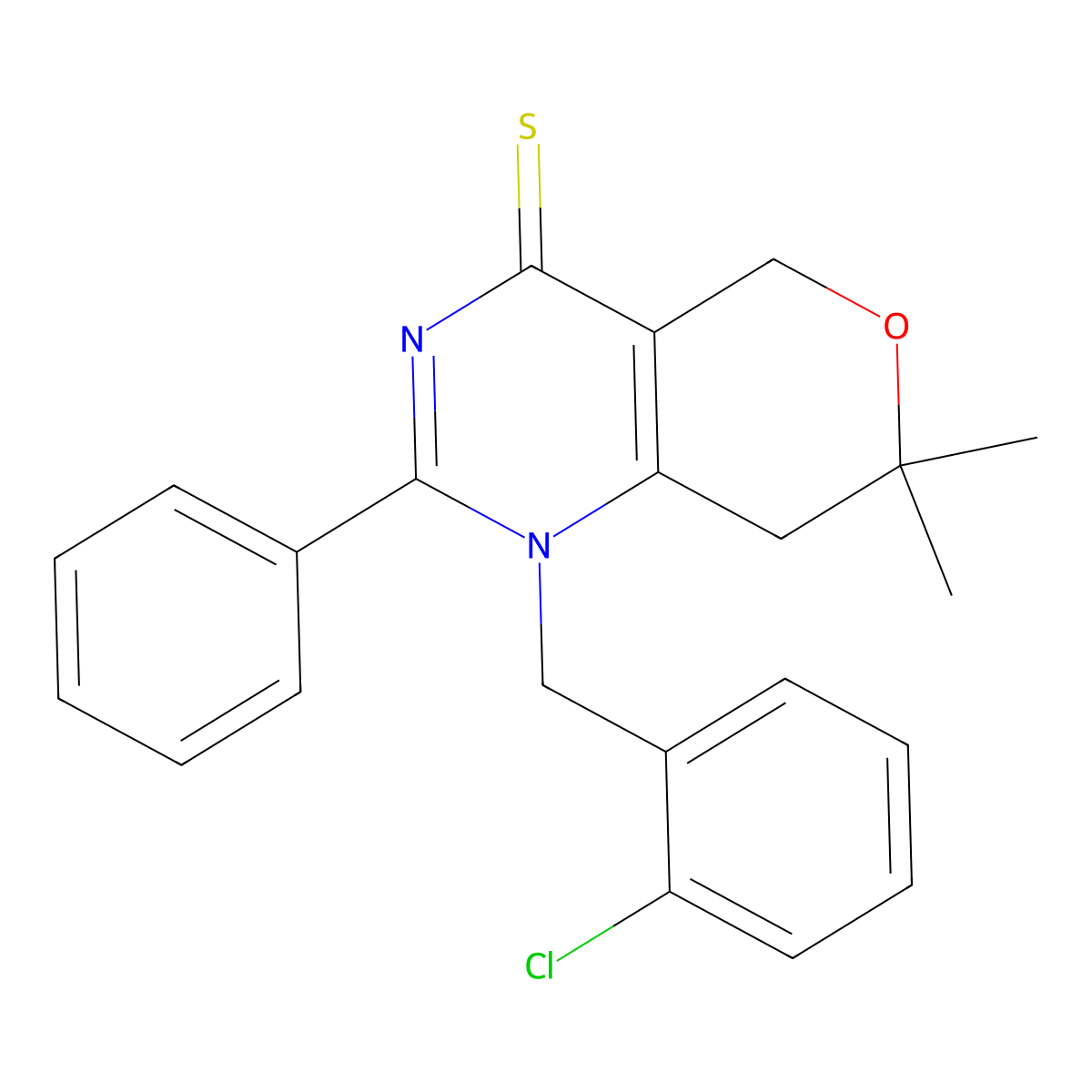 1-[(2-Chlorophenyl)methyl]-7,7-dimethyl-2-phenyl-5,8-dihydropyrano[4,3-d]pyrimidine-4-thione molecular structure, CAS 578743-91-6