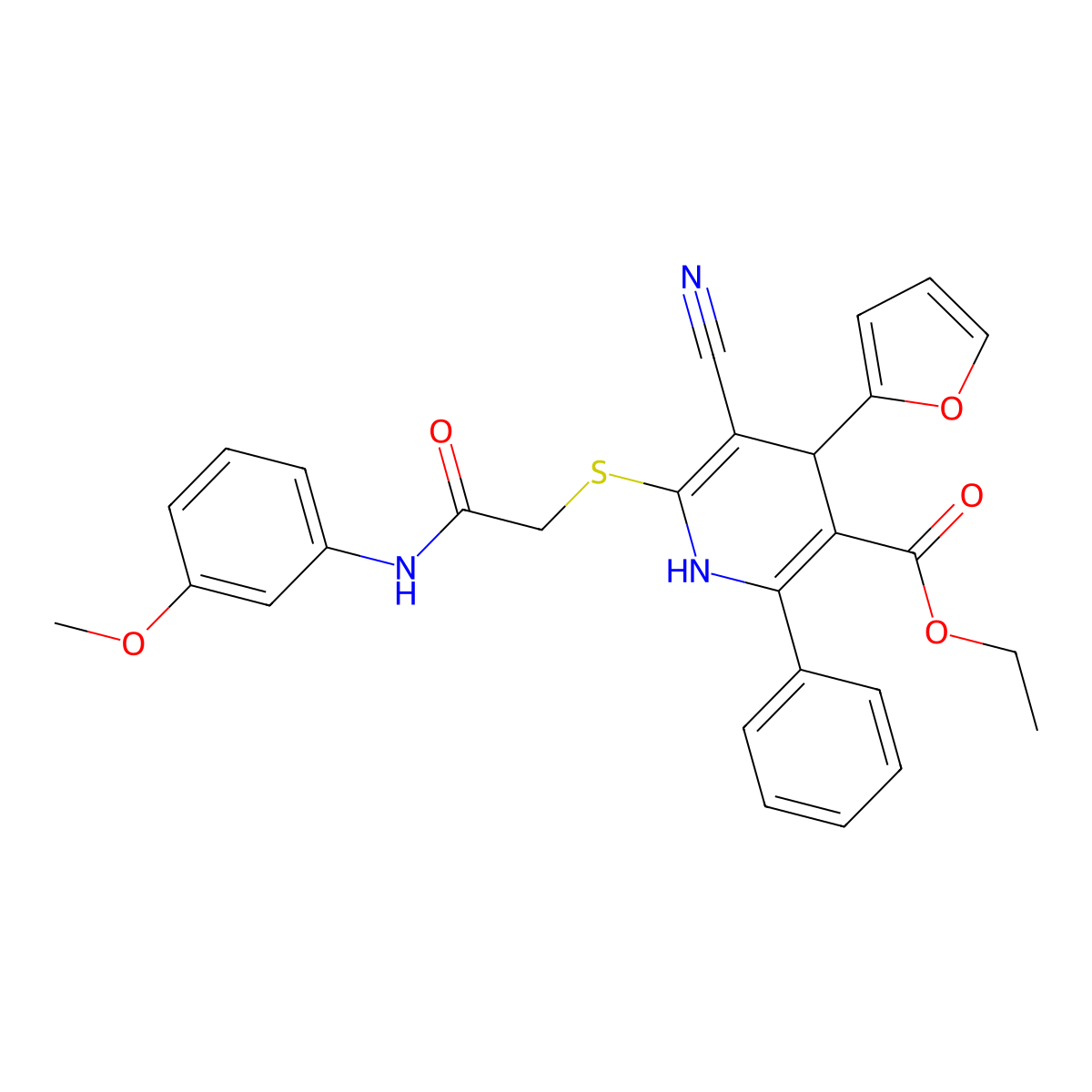Ethyl 5-cyano-4-(furan-2-yl)-6-((2-((3-methoxyphenyl)amino)-2-oxoethyl)thio)-2-phenyl-1,4-dihydropyridine-3-carboxylate molecular structure, CAS 578744-52-2