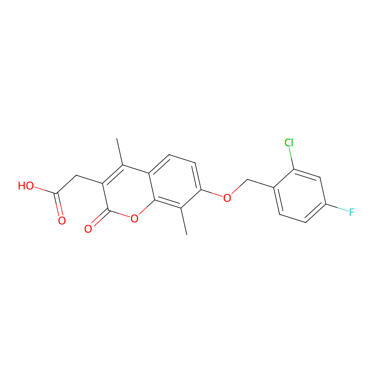 2-[7-[(2-Chloro-4-fluorophenyl)methoxy]-4,8-dimethyl-2-oxochromen-3-yl]acetic acid molecular structure, CAS 578744-66-8