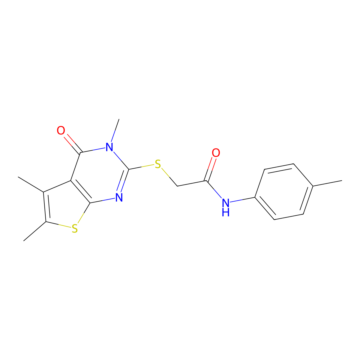 N-(4-methylphenyl)-2-(3,5,6-trimethyl-4-oxo(3-hydrothiopheno[2,3-d]pyrimidin-2-ylthio))acetamide molecular structure, CAS 578745-51-4