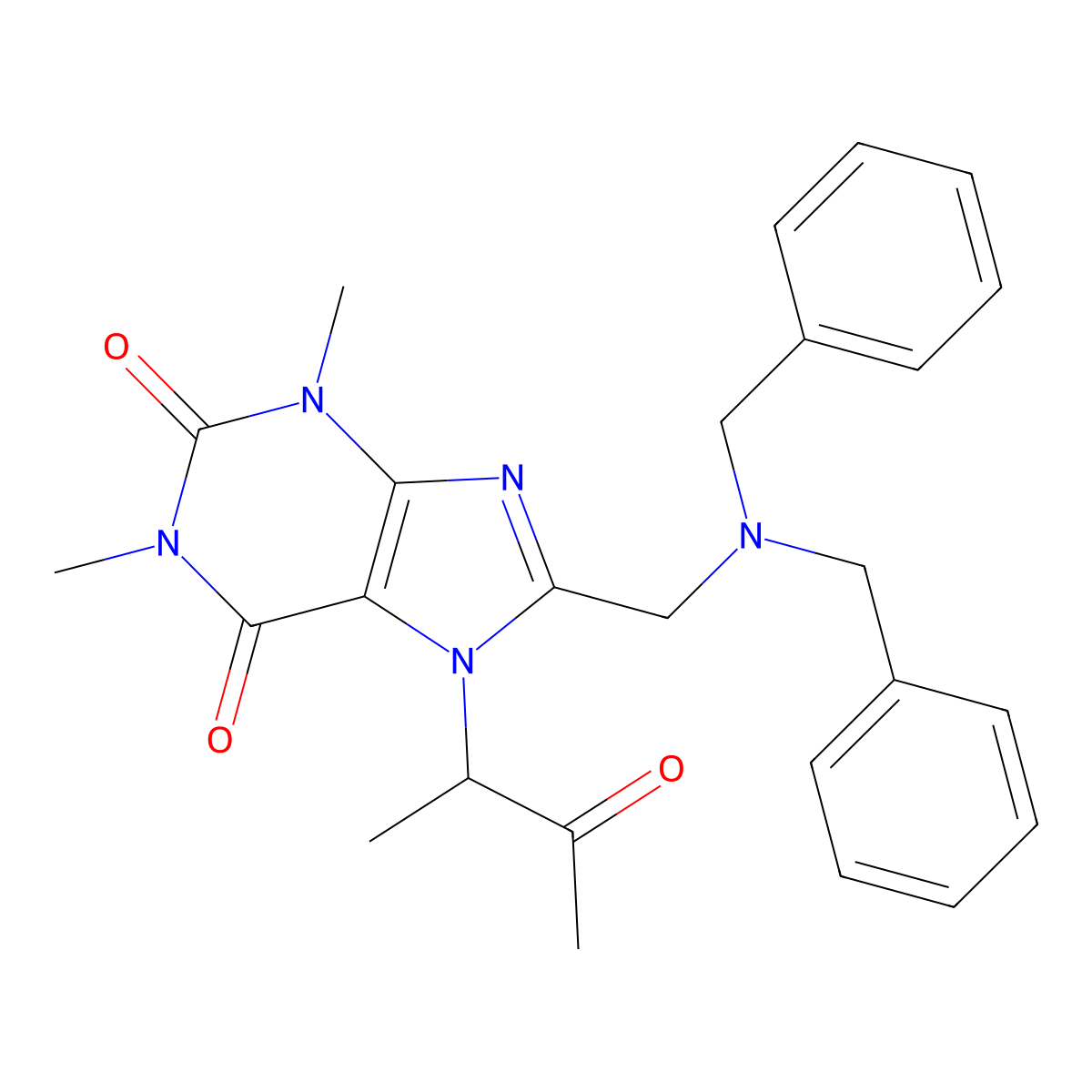 8-((dibenzylamino)methyl)-1,3-dimethyl-7-(3-oxobutan-2-yl)-1H-purine-2,6(3H,7H)-dione molecular structure, CAS 578746-14-2