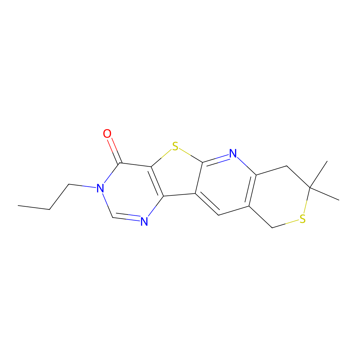 8,8-dimethyl-3-propyl-7,10-dihydro-8H-thiopyrano[3'',4'':5',6']pyrido[3',2':4,5]thieno[3,2-d]pyrimidin-4(3H)-one molecular structure, CAS 578746-78-8