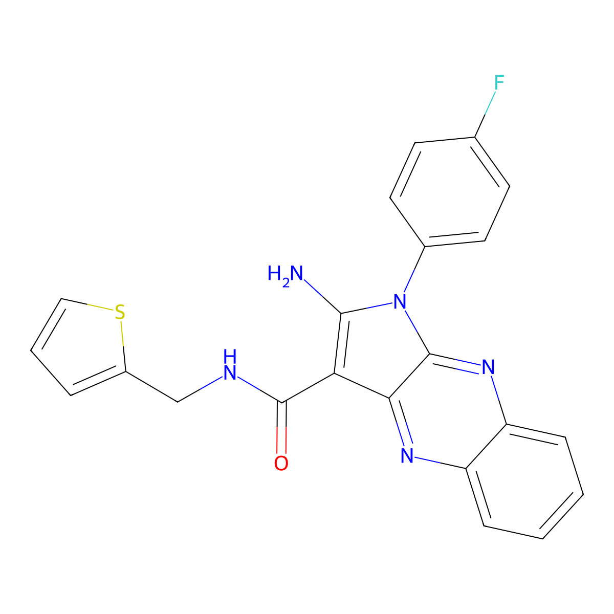 2-amino-1-(4-fluorophenyl)-N-(thiophen-2-ylmethyl)-1H-pyrrolo[2,3-b]quinoxaline-3-carboxamide molecular structure, CAS 578746-92-6