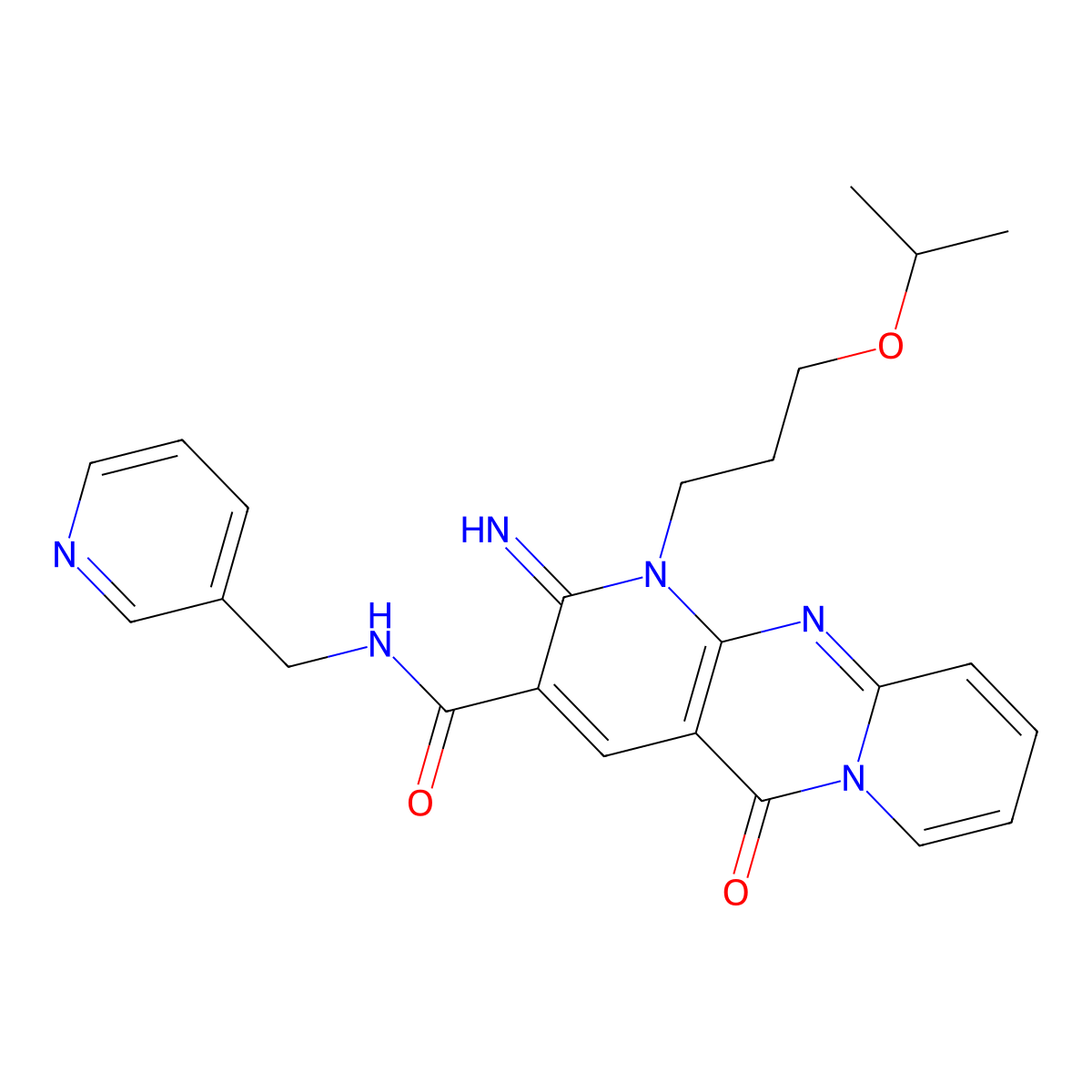 2-imino-1-(3-isopropoxypropyl)-5-oxo-N~3~-(3-pyridylmethyl)-1,5-dihydro-2H-dipyrido[1,2-a:2,3-d]pyrimidine-3-carboxamide molecular structure, CAS 578747-02-1
