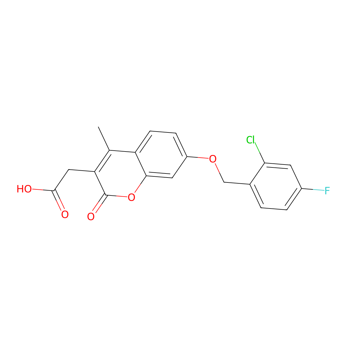 2-[7-[(2-Chloro-4-fluorophenyl)methoxy]-4-methyl-2-oxochromen-3-yl]acetic acid molecular structure, CAS 578747-26-9
