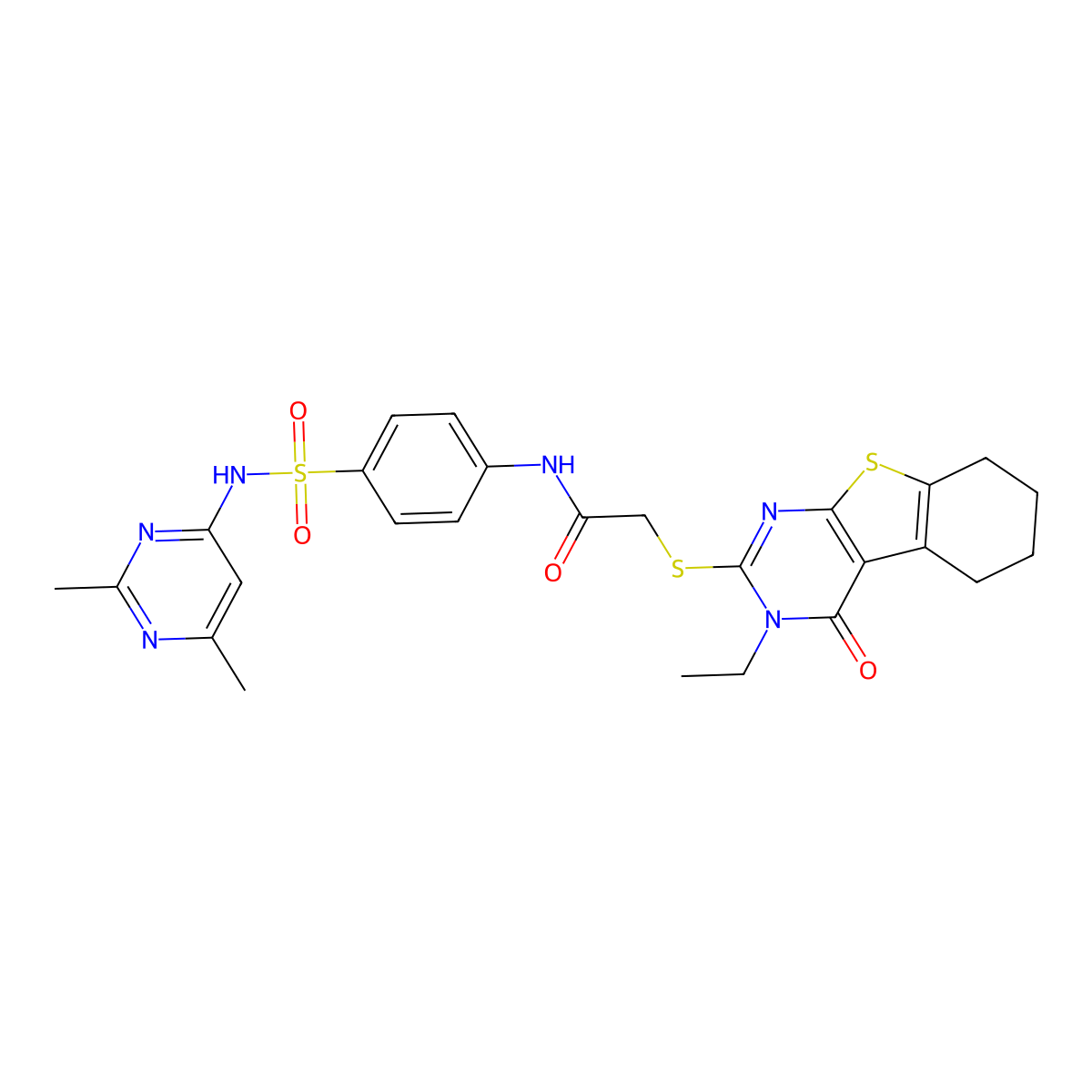 N-(4-(((2,6-Dimethyl-4-pyrimidinyl)amino)sulfonyl)phenyl)-2-((3-ethyl-4-oxo-3,4,5,6,7,8-hexahydro(1)benzothieno(2,3-D)pyrimidin-2-YL)sulfanyl)AC etamide molecular structure, CAS 578747-75-8