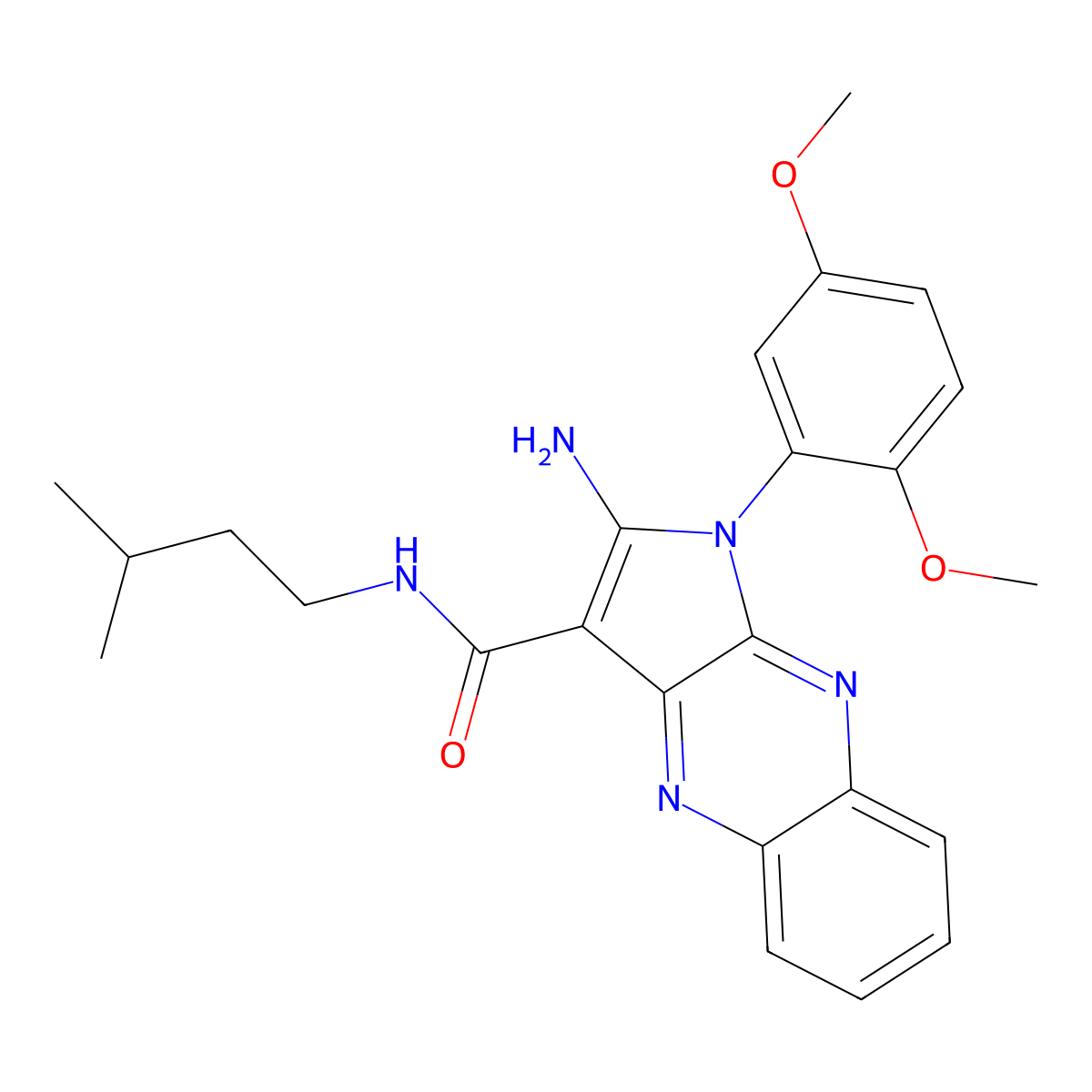 2-amino-1-(2,5-dimethoxyphenyl)-N-(3-methylbutyl)pyrrolo[3,2-b]quinoxaline-3-carboxamide molecular structure, CAS 578747-94-1