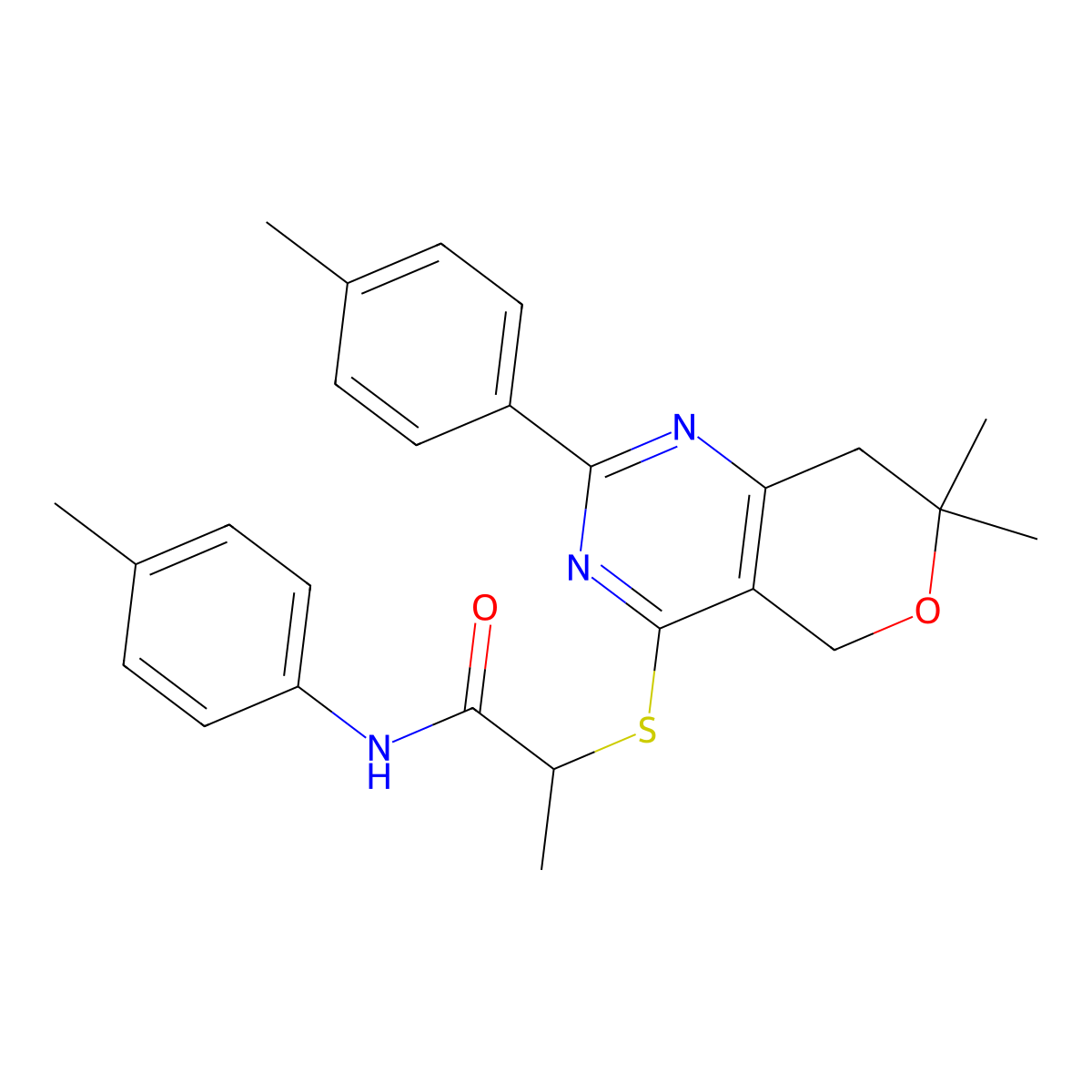2-[[7,7-dimethyl-2-(4-methylphenyl)-5,8-dihydropyrano[4,3-d]pyrimidin-4-yl]sulfanyl]-N-(4-methylphenyl)propanamide molecular structure, CAS 578747-97-4