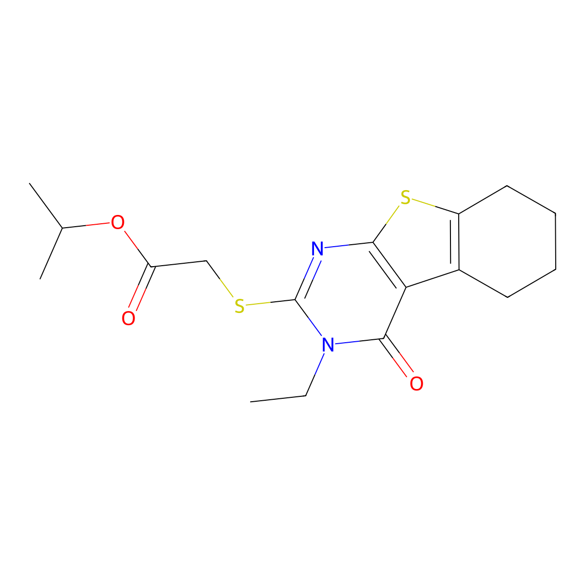 Isopropyl [(3-ethyl-4-oxo-3,4,5,6,7,8-hexahydro[1]benzothieno[2,3-d]pyrimidin-2-yl)sulfanyl]acetate molecular structure, CAS 578748-51-3