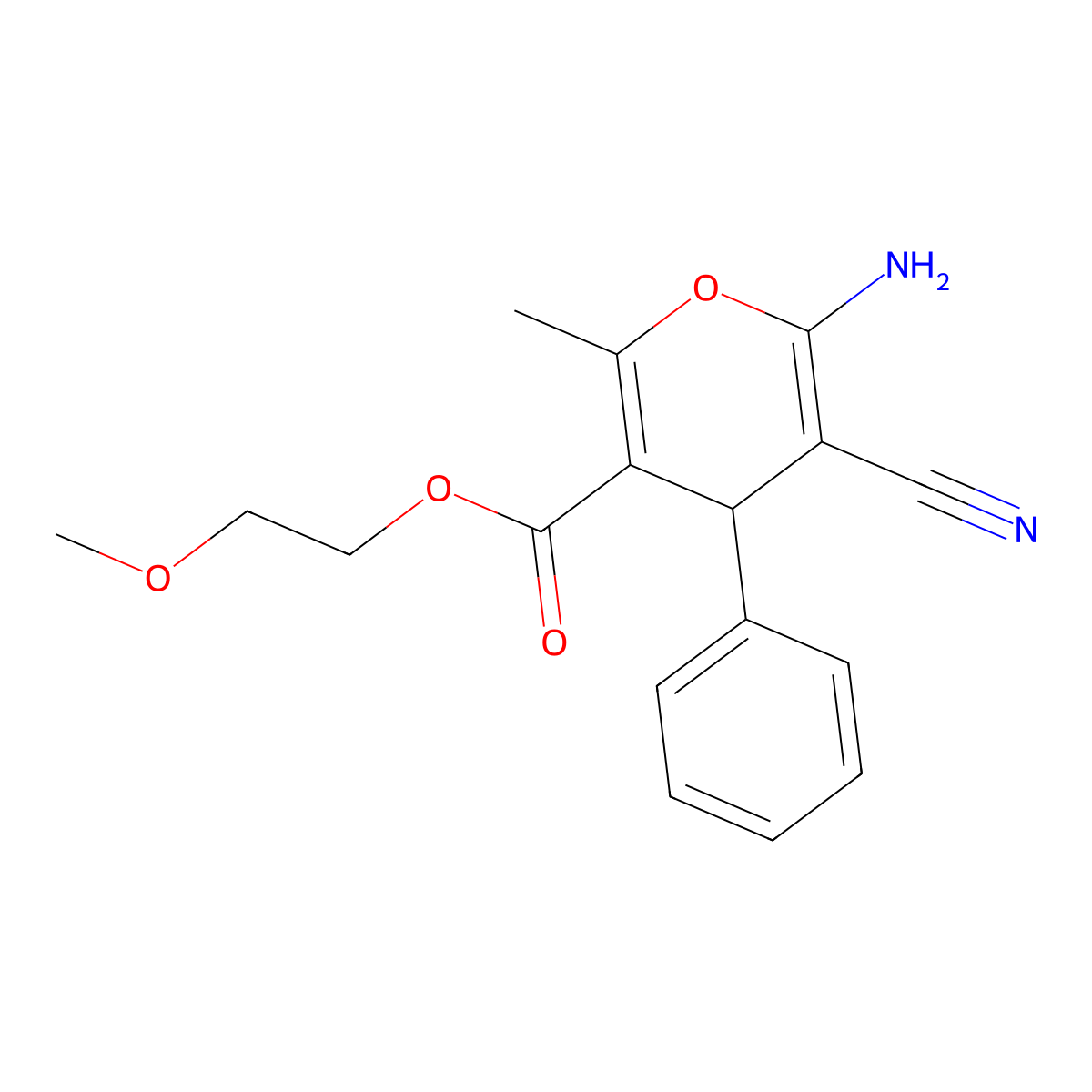 2-methoxyethyl 6-amino-5-cyano-2-methyl-4-phenyl-4H-pyran-3-carboxylate molecular structure, CAS 578748-53-5
