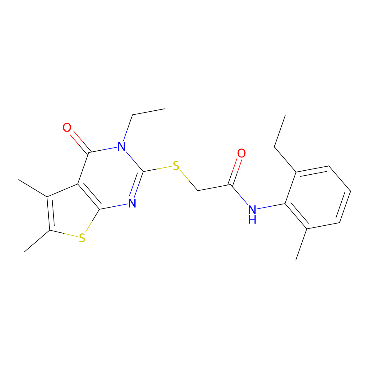 2-[(3-Ethyl-5,6-dimethyl-4-oxo-3,4-dihydrothieno[2,3-D]pyrimidin-2-YL)sulfanyl]-N-(2-ethyl-6-methylphenyl)acetamide molecular structure, CAS 578749-67-4