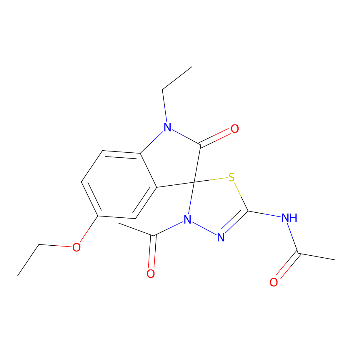 N-(4-acetyl-5'-ethoxy-1'-ethyl-2'-oxospiro[1,3,4-thiadiazole-5,3'-indole]-2-yl)acetamide molecular structure, CAS 578750-39-7