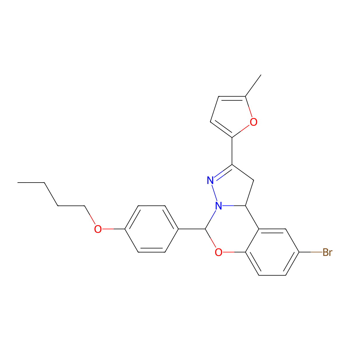 9-Bromo-5-(4-butoxyphenyl)-2-(5-methylfuran-2-yl)-1,10b-dihydropyrazolo[1,5-c][1,3]benzoxazine molecular structure, CAS 578750-57-9