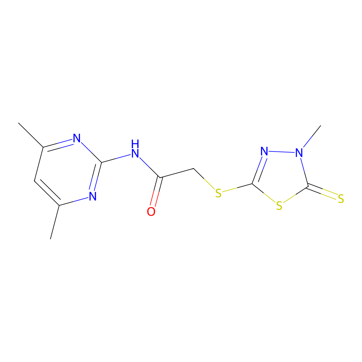 N-(4,6-dimethylpyrimidin-2-yl)-2-[(4-methyl-5-sulfanylidene-1,3,4-thiadiazol-2-yl)sulfanyl]acetamide molecular structure, CAS 578750-69-3