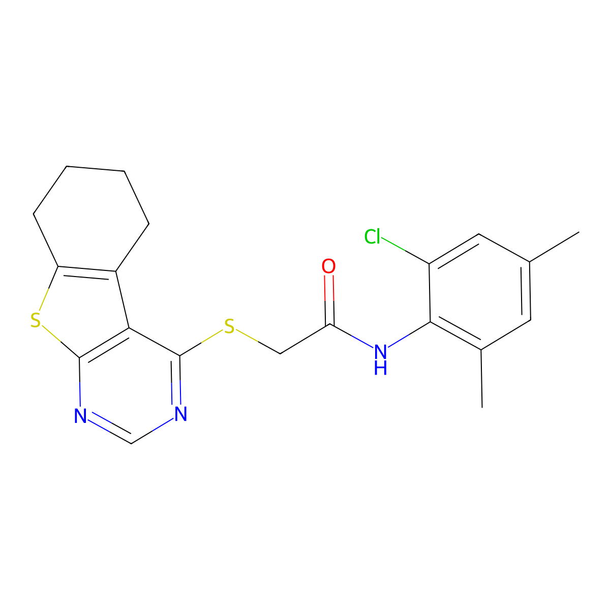 N-(2-chloro-4,6-dimethylphenyl)-2-(5,6,7,8-tetrahydro[1]benzothieno[2,3-d]pyrimidin-4-ylsulfanyl)acetamide molecular structure, CAS 578750-87-5
