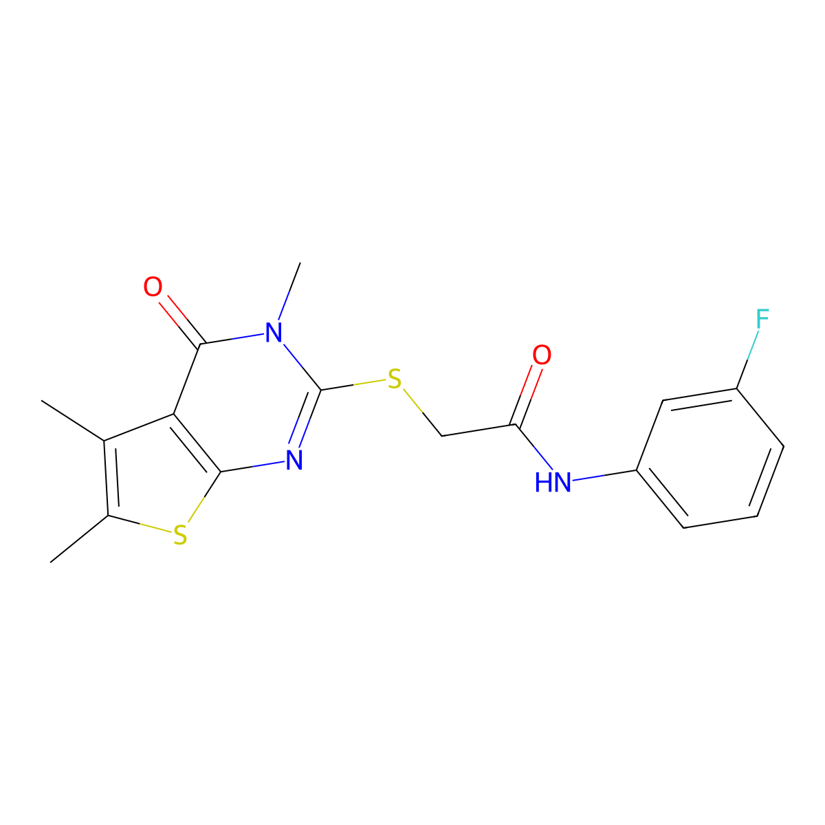 N-(3-fluorophenyl)-2-(3,5,6-trimethyl-4-oxo(3-hydrothiopheno[2,3-d]pyrimidin-2-ylthio))acetamide molecular structure, CAS 578750-90-0