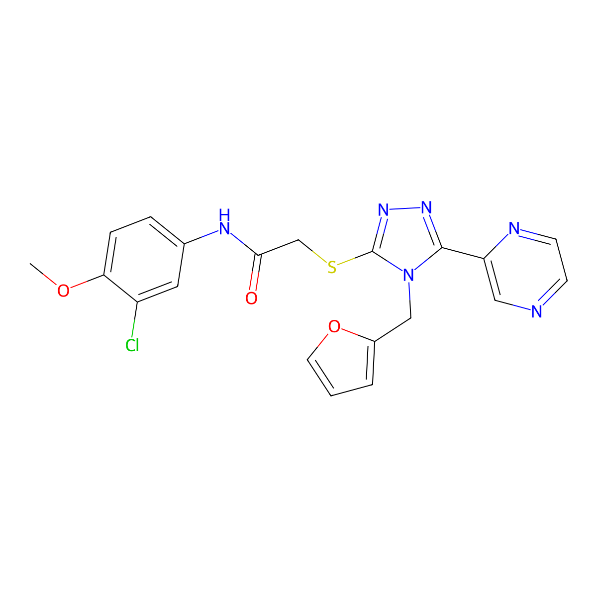 N-(3-chloro-4-methoxyphenyl)-2-{[4-(furan-2-ylmethyl)-5-(pyrazin-2-yl)-4H-1,2,4-triazol-3-yl]sulfanyl}acetamide molecular structure, CAS 578751-41-4