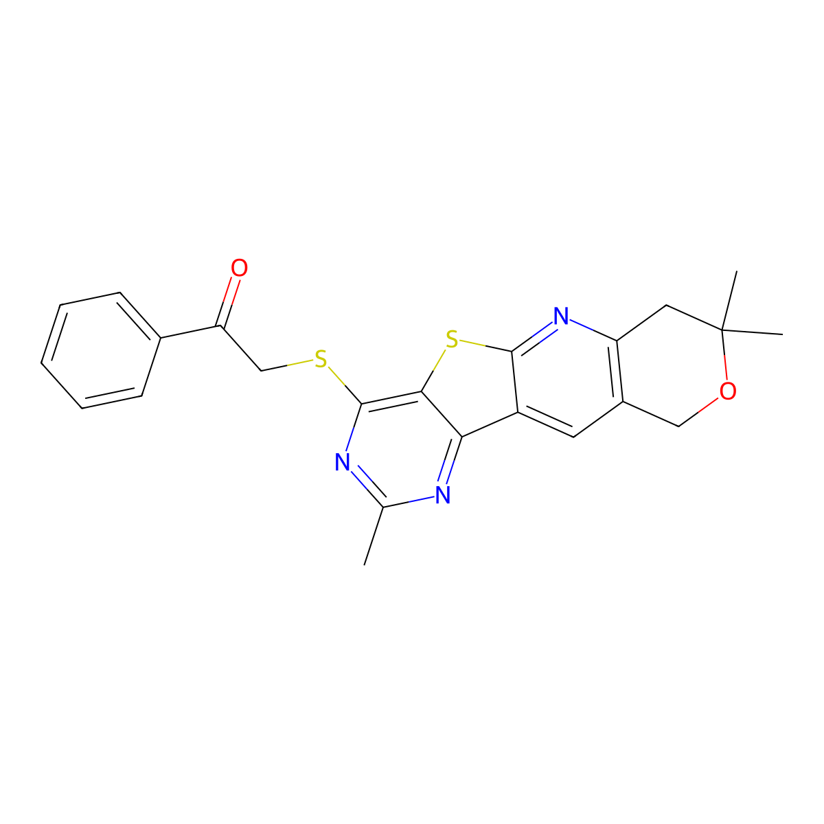 1-phenyl-2-((2,8,8-trimethyl-8,10-dihydro-7H-pyrano[3'',4'':5',6']pyrido[3',2':4,5]thieno[3,2-d]pyrimidin-4-yl)thio)ethanone molecular structure, CAS 578751-53-8